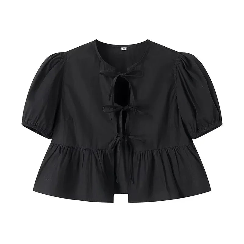 TRAF Ruffle Blouses Woman 2024 Puff Sleeve Shirts and Blouses for Women White Black Ruched Crop Top Female Ruched Women's Blouse