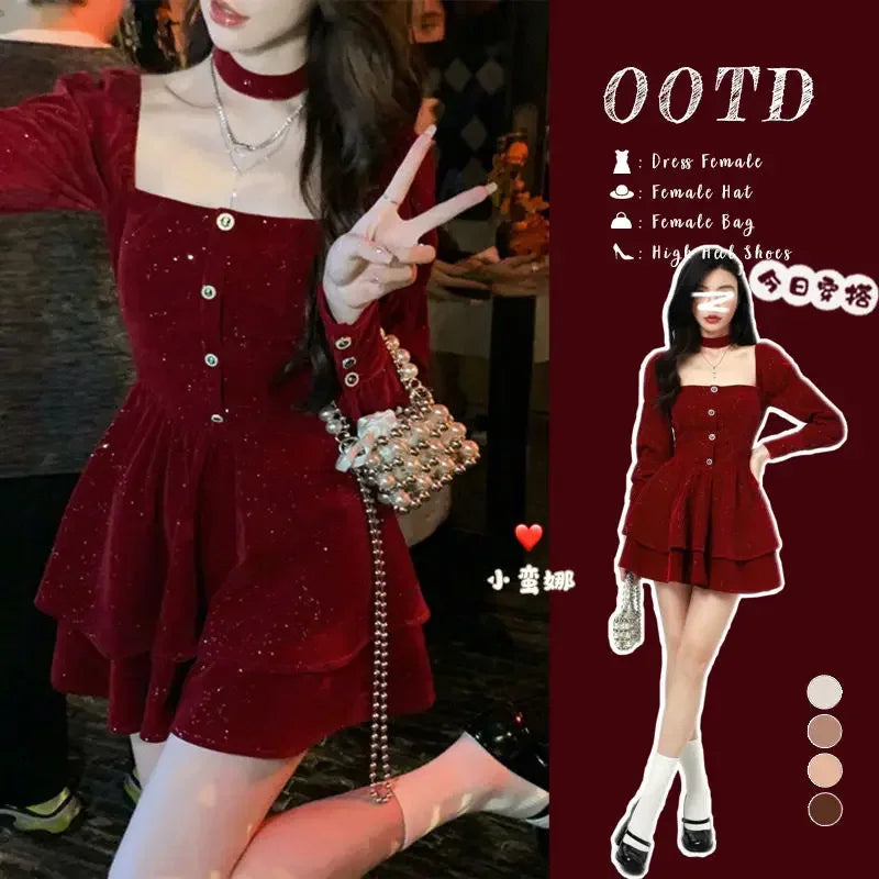 Women's Slim Fit A-line Velvet Dress, Christmas Clothes, Square Collar, Long-sleeved, Red, Sweet, Hot Girl, Autumn Winter