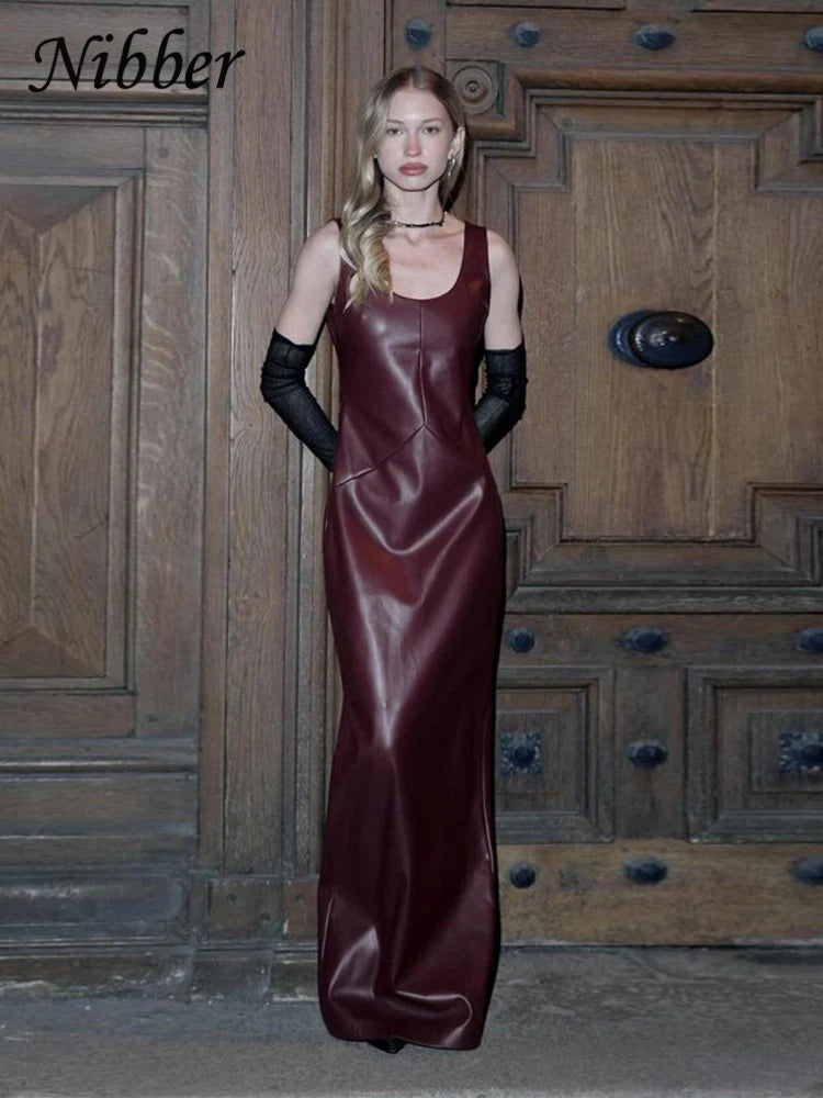 Nibber Vintage Elegant Dress Women Summer Leather Classic Sleeveless Slits Basic Simple Trend Solid Stretch Party Long Bodycon