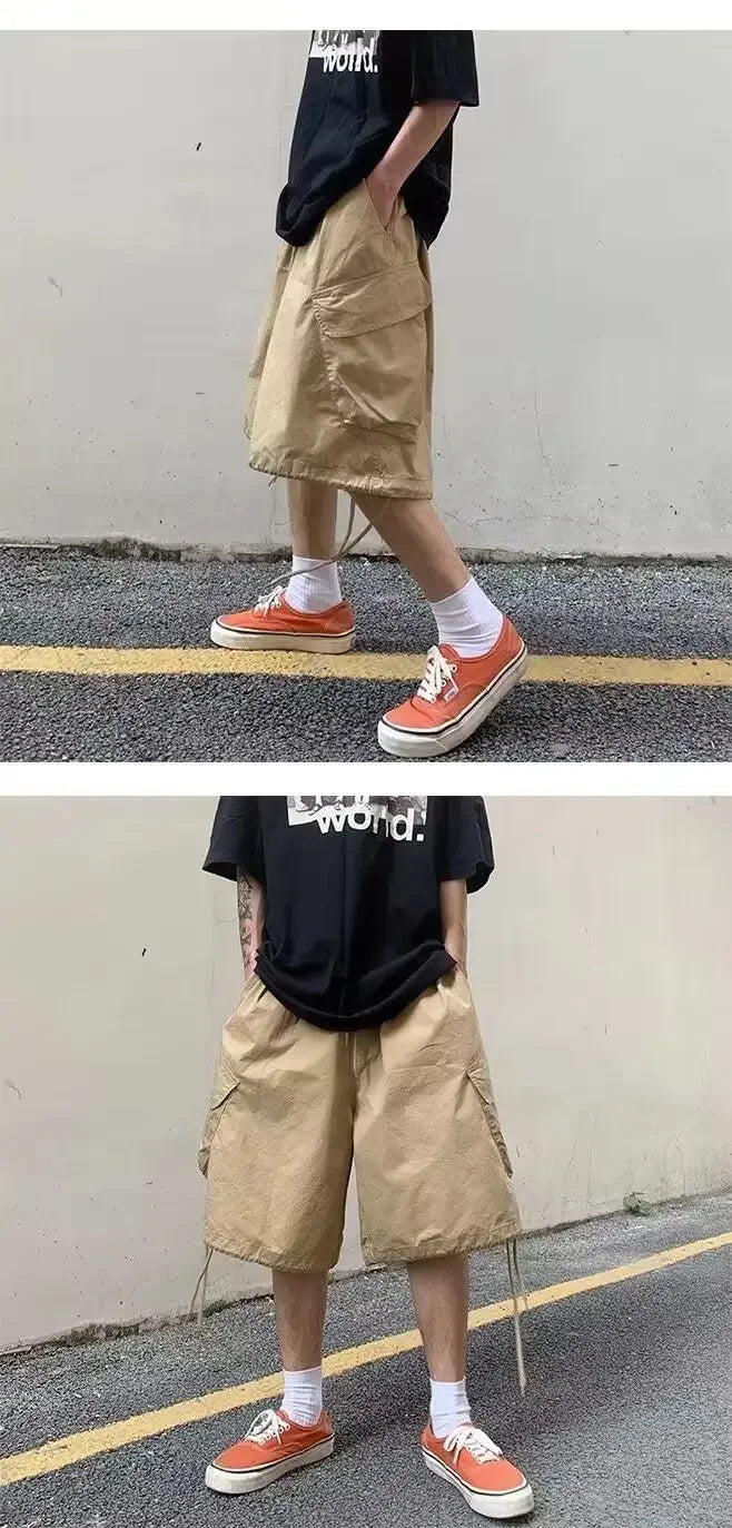 Loose Casual Men's Workwear Shorts Summer Wide Leg Drawstring Five-Quarter Pants Retro Japanese Style Outerwear Shorts