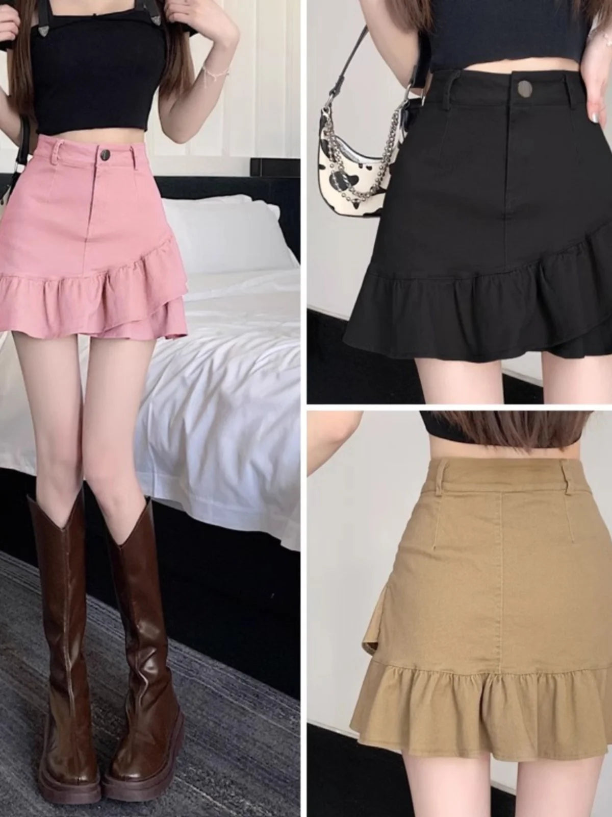 High Waist A-Line  Skirt Women's Spring Summer Denim f-length Skirts with Lace Hemline Cotton Polyester Blend