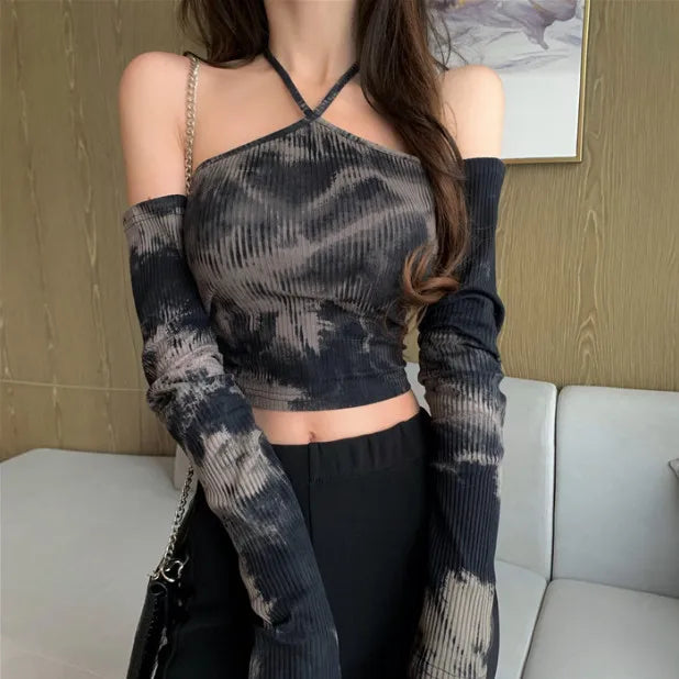 Tie-dye Long-sleeved T-shirt Women Slimming One-word Neck Off Shoulder Halter Short Top Summer Y2K Goth Backless Sexy Crop Tops