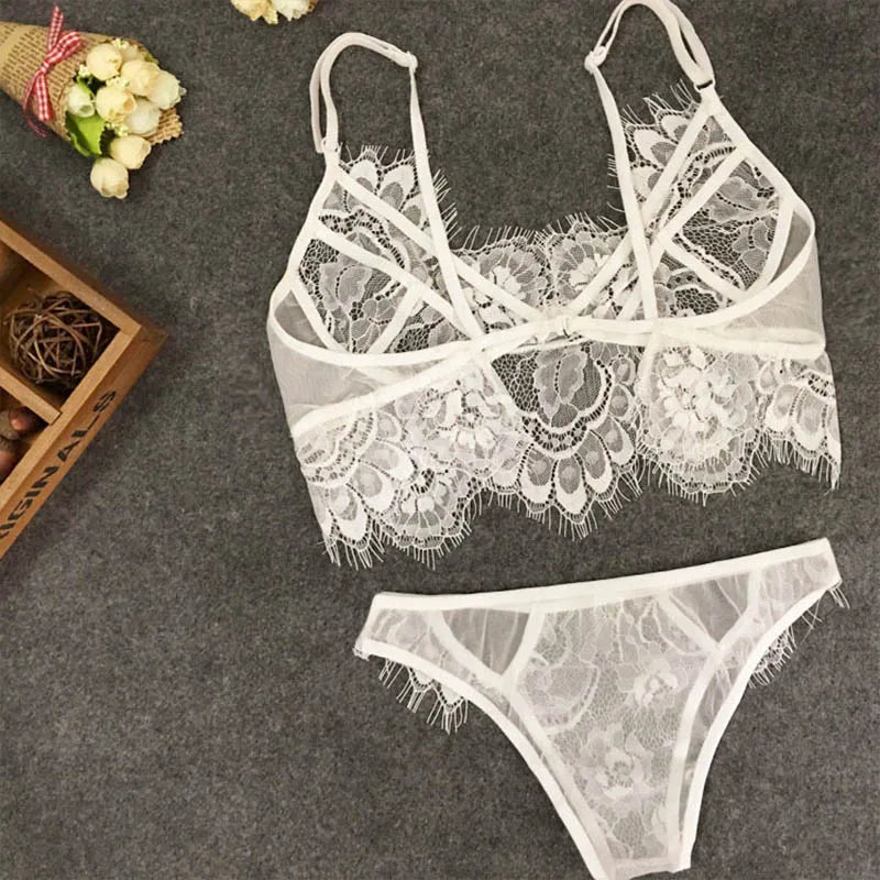 Lingerie Set Sexy Plus Size Hot Underwear Women Set Bra & Panty Thong Set Sexy Transparent Lingere Lace Black Open Intimates