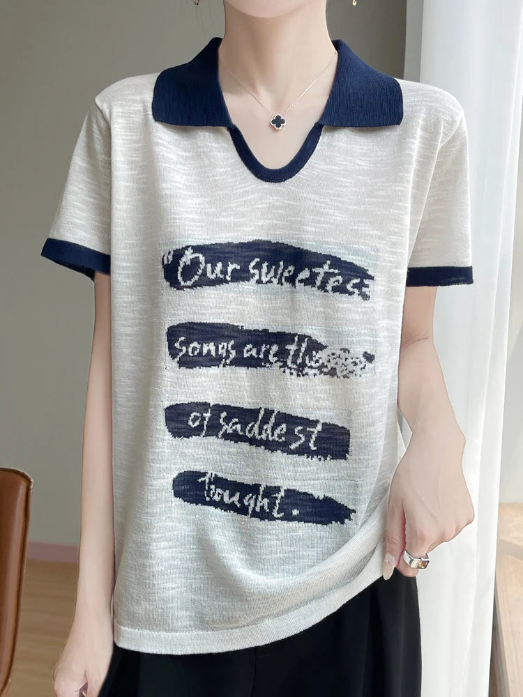 2025 New Large Size Summer Short Sleeve Scissor Collar T-Shirt Women High Grade T-Shirt Fashion Comfortable Leisure T-Shirt Tops