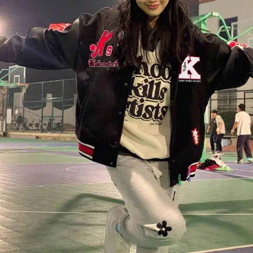 American high street embroidery baseball jacket Y2K retro autumn and winter stitching design men's and women's motorcycle jacket