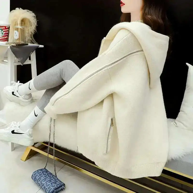 [EWQ] Big Size Long Sleeve Hooded Zipper Decorate Blue Knit Cardigan Women Thick Sweater Jacket 2024 Autumn New Fashion 16O2559