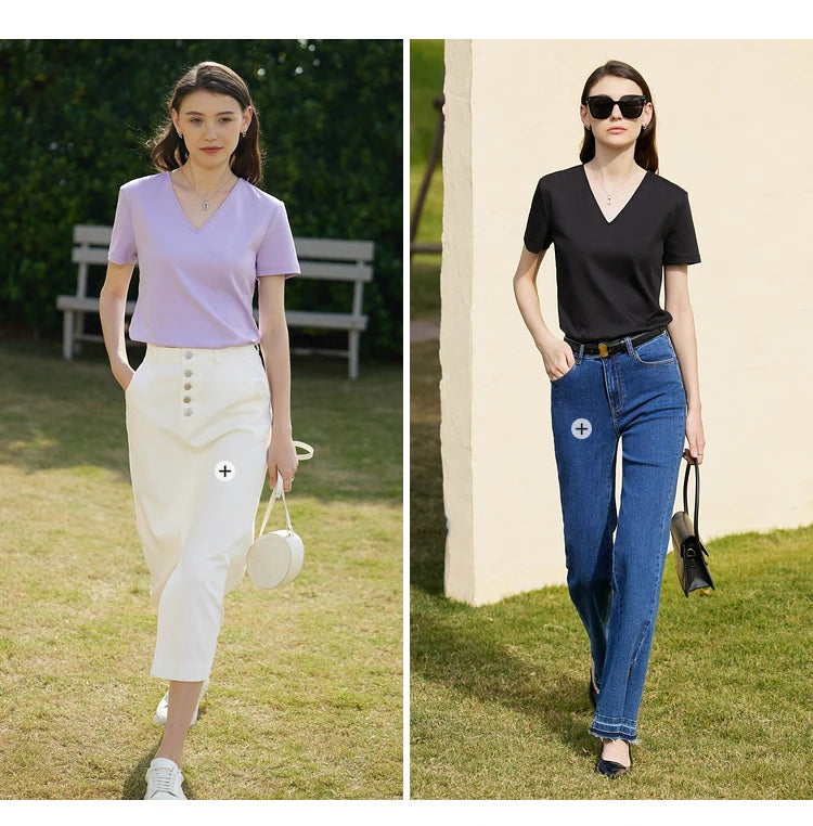 AMII Minimalism 100% Cotton Hollow Out Solid Short Sleeves Tees 2025 Spring New V Neck Top Women Casual Female T Shirt 12342289