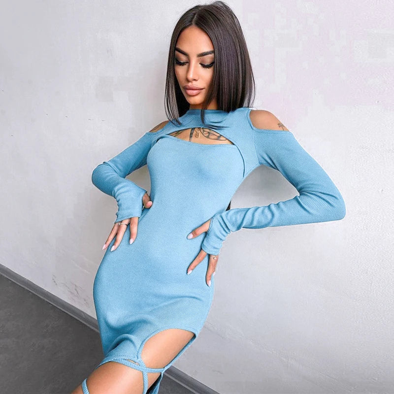 Hugcitar Long Sleeve Solid Hollow Out Slit Lace Up Elegant Sexy Bodycon Maxi Prom Dress 2023 Fall Women Birthday Party Outfit "