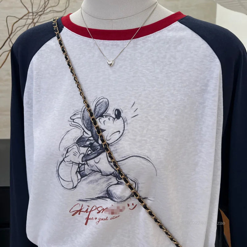 Cute Cartoon Mickey Mouse Long Sleeved T-shirt Korean Version Trend Simple Patchwork Tees Women's Autumn Slimming New Casual Top