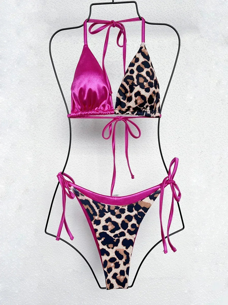 Halter Splicing Leopard Bikinis 2025 Satin Bikini Female Swimsuit Women Swimwear Two-pieces Bikini Set Micro Bathing Suit Swim