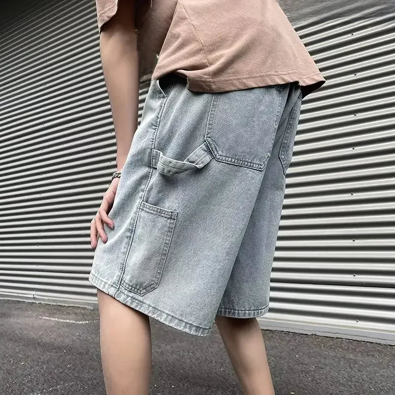 Fashionable Loose-fit Straight-leg Denim Shorts Simple Solid Color Casual Versatile Men's Five-point Pants