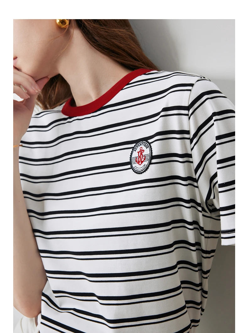 TOYOUTH Women Striped Short Sleeved T-shirt 2024 Summer New Academy Style Round Neck Top