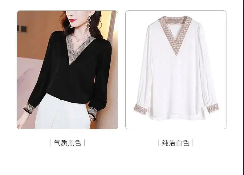 Elegant Fashion V-neck Embroidery Hollow Out Dignified Shirt New Summer Autumn 2022 Long Sleeve Solid Color Women's Clothing