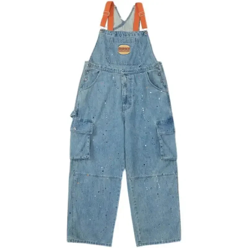Cool Girl Style Embroidered Spicy Ink Denim Strap Jumpsuits Women's Autumn/Winter Large Loose and Slim Retro One Piece Pants