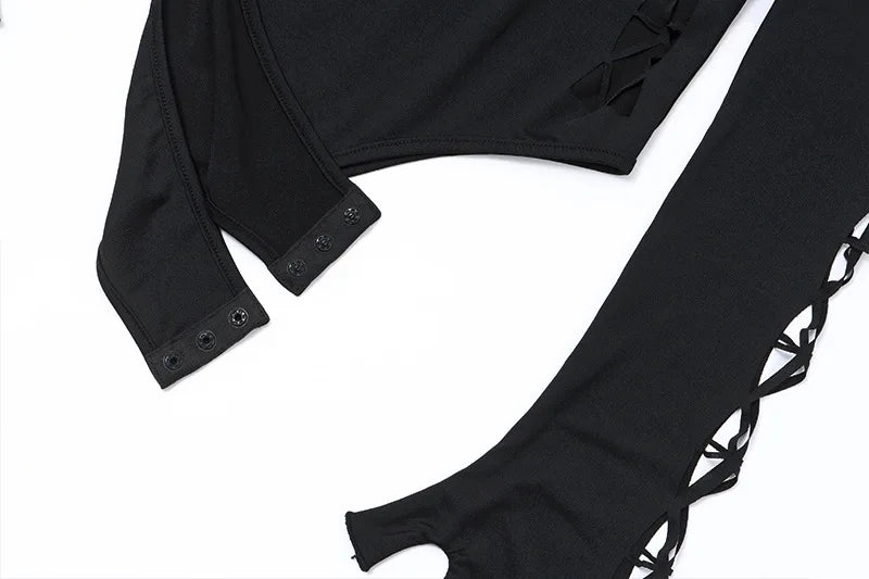 nibber Hollow Out Women Bodysuit Criss-Cross Full Sleeve Autumn Trend Skinny Sexy Solid Rave Party Club Streetwear Y2K Outfit