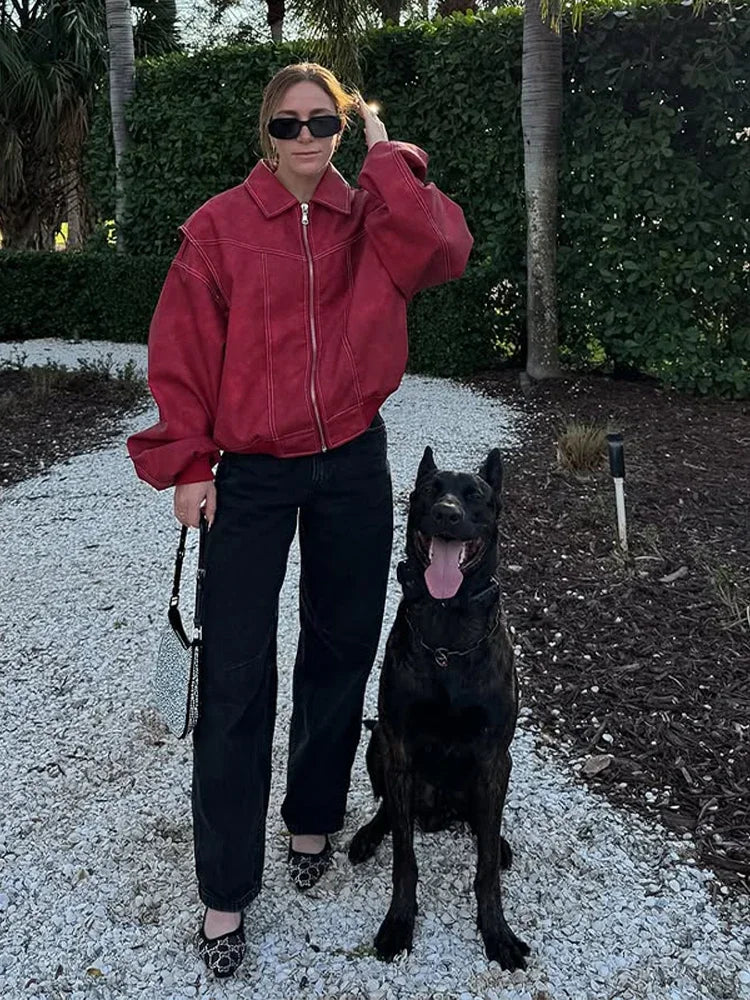 Women's Artificial Leather Short Jacket Retro Red Linen Coat Spliced Zipper Jacket Autumn Women's Lapel Pocket Street Sportswear