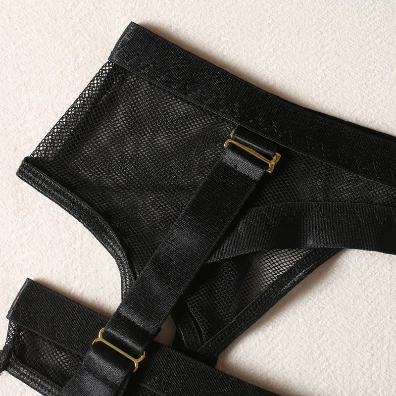 Cross-border new black mesh heavy-duty push-up bra with steel ring garter belt sexy sister lingerie set neck strap