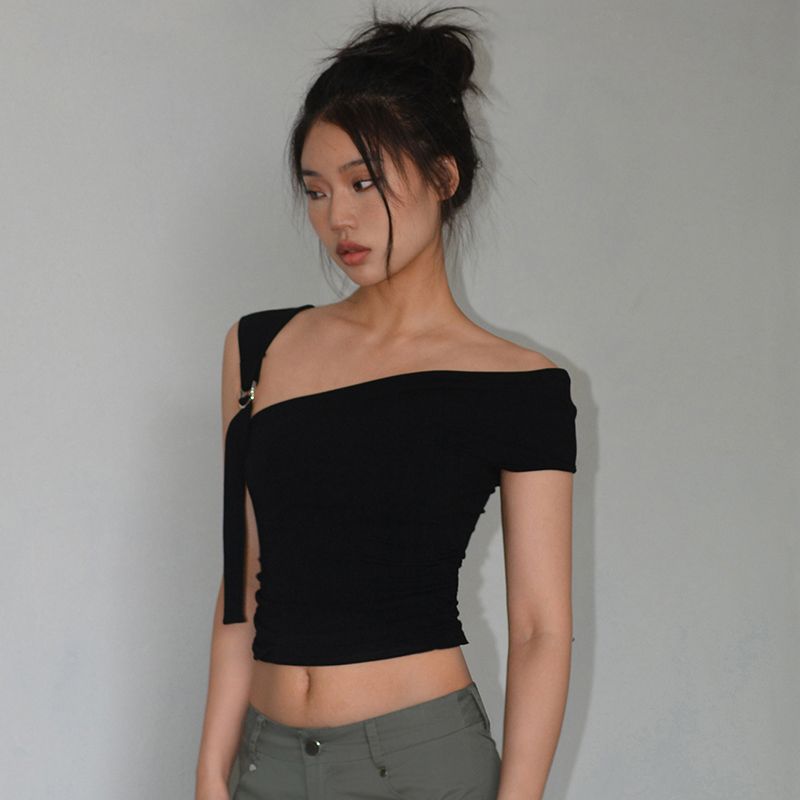 Summer T-shirts Women Sexy Folds Sweet Irregular Bandage Design Slim Chic Skew Collar Crop Tops Aesthetic Club American Clothes