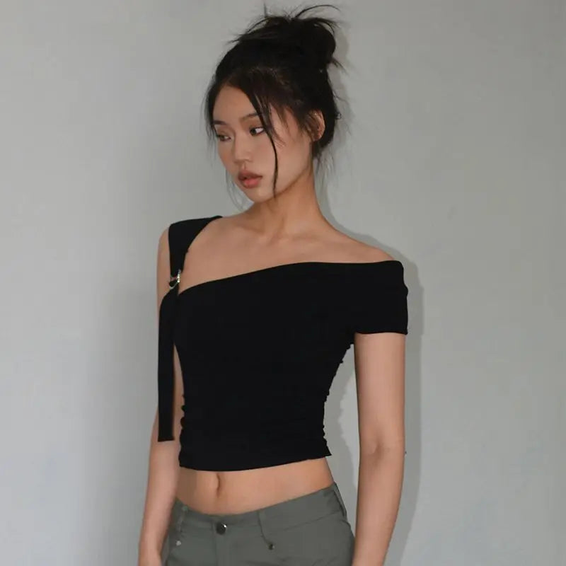 Summer T-shirts Women Sexy Folds Sweet Irregular Bandage Design Slim Chic Skew Collar Crop Tops Aesthetic Club American Clothes