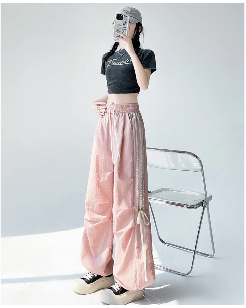 Zoki Dopamine Women Summer Pants Fashion Striped Bow Loose Multicolor Cargo Pants Casual Bf Ladies Trousers New