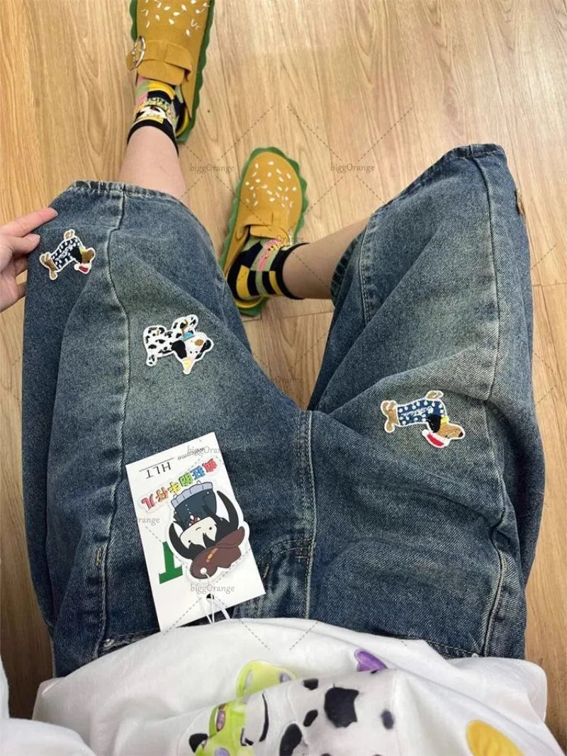 Retro High Street American Puppy Embroidered High Waist Loose Fashionable Jeans Men Harajuku Casual Punk Straight Pants Women