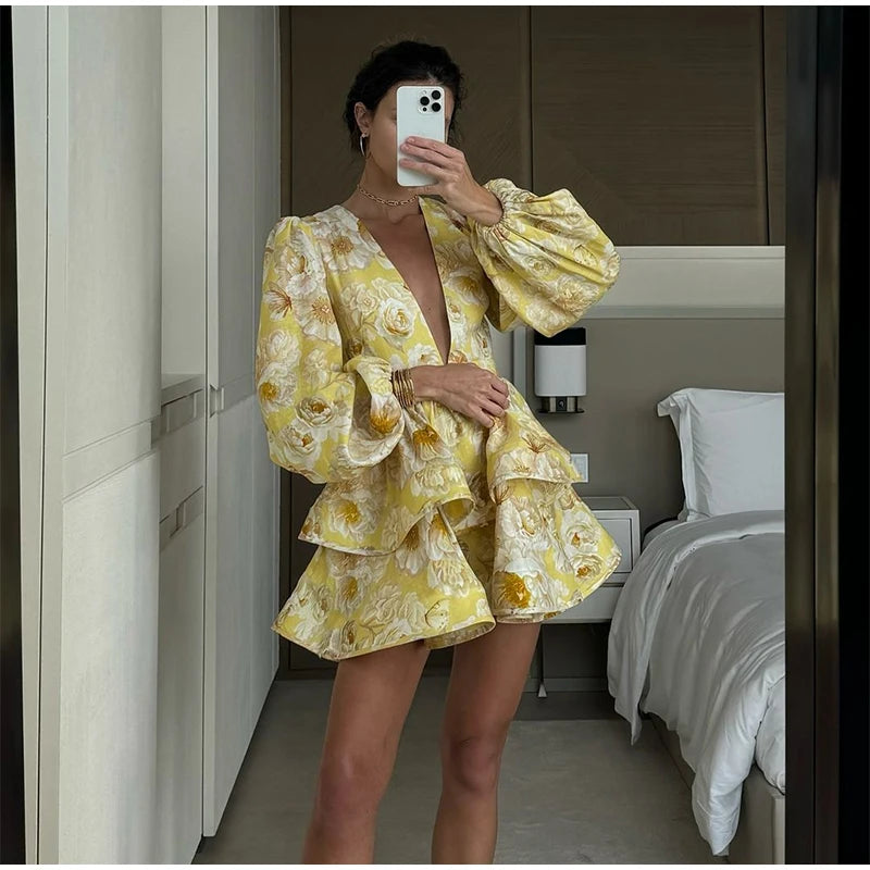 Printed Ruffled Hem Deep V-neck Puffy Dress Long Lantern Sleeve Elegant Vacation Party Short Dresses Colorful 2025 Spring Robe