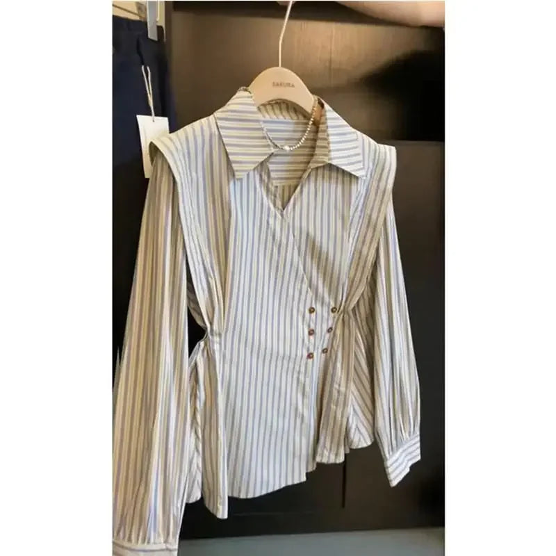 Elegant Slim Fit Long Sleeve Striped Shirt Design Spring Autumn Women Fashionable Waist Cinching Button up Casual Shirt