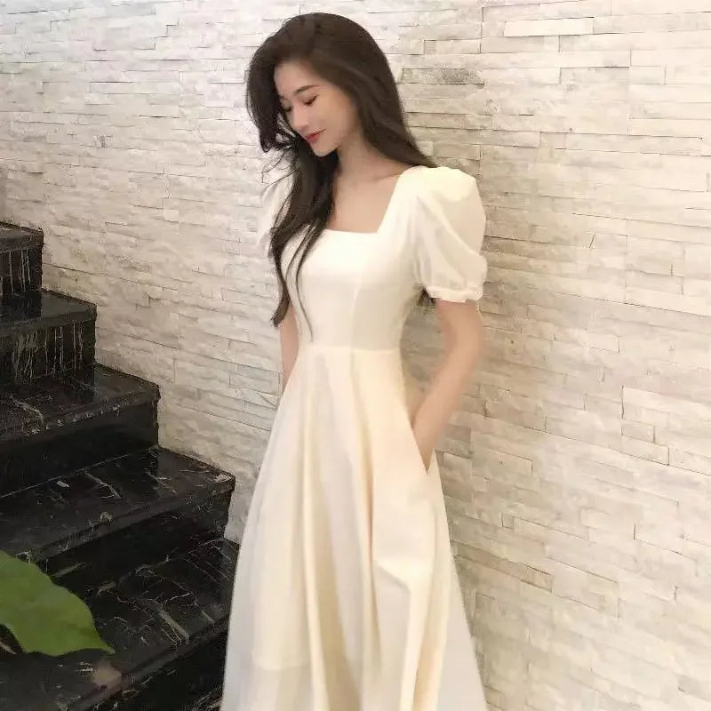 Summer French Vintage Hepburn White Long Dress Slimming High Waist Square Neck Bubble Skirt Women's Fashionable Knee-Length Dres