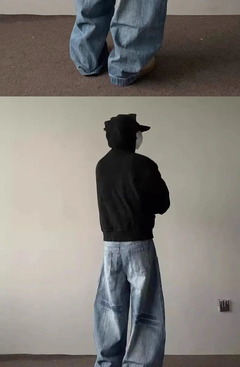 High street American men and women trendy hip-hop washed curved knife jeans for couples loose retro wide leg casual pants y2k