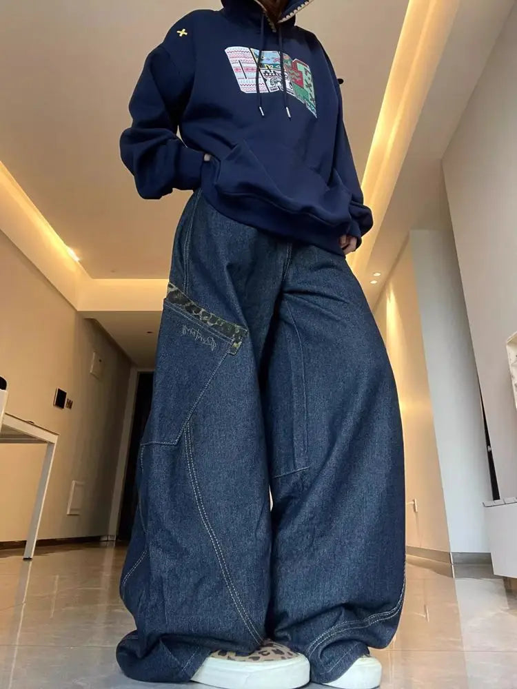 Retro High Street Loose Fit Deep Blue Wide Leg Jeans for Women with Slimming Flare Design Perfect for Autumn Winter Casual Style