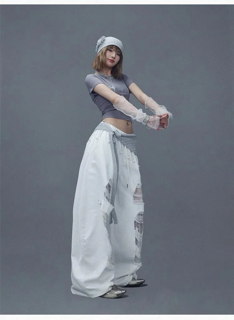 CBXLAB Street Dance Women'sWhite denim patchwork distressed dance pants with long design for jazz dancers, spicy and casual