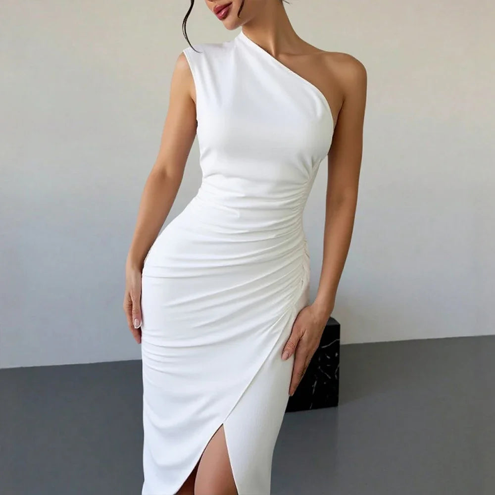 Rafiah Boutique Women's Dresses Summer French Elegant Fitting Slim Chic Side Slit Wrap Sleeveless One-Shoulder Party Dresses