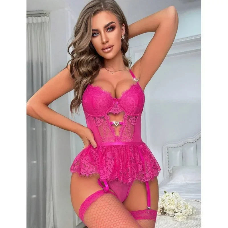 Sexy Woman Lingerie Lace Transparent Babydoll Teddy Dress Garter Vest Halter Underwire Bra Thong Set Porno Clothing