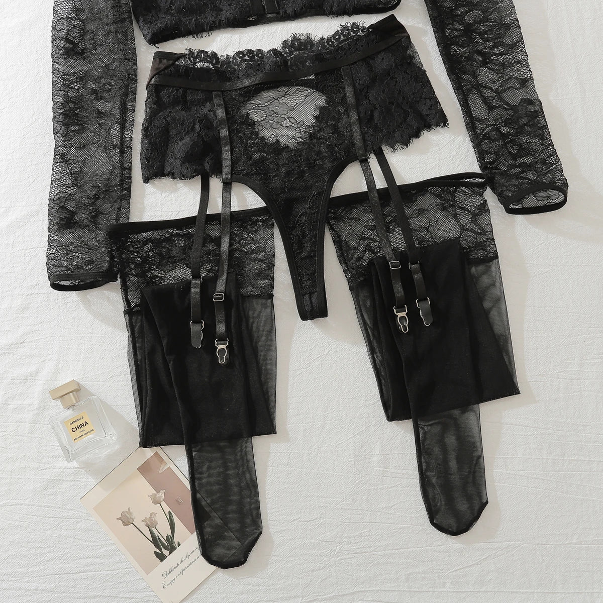 Sexy Ladies Luxury Bra Set Lace Nightclub Hollow See-through Hot Girl Slim Stockings Temptation Erotic Lingerie three-piece Set