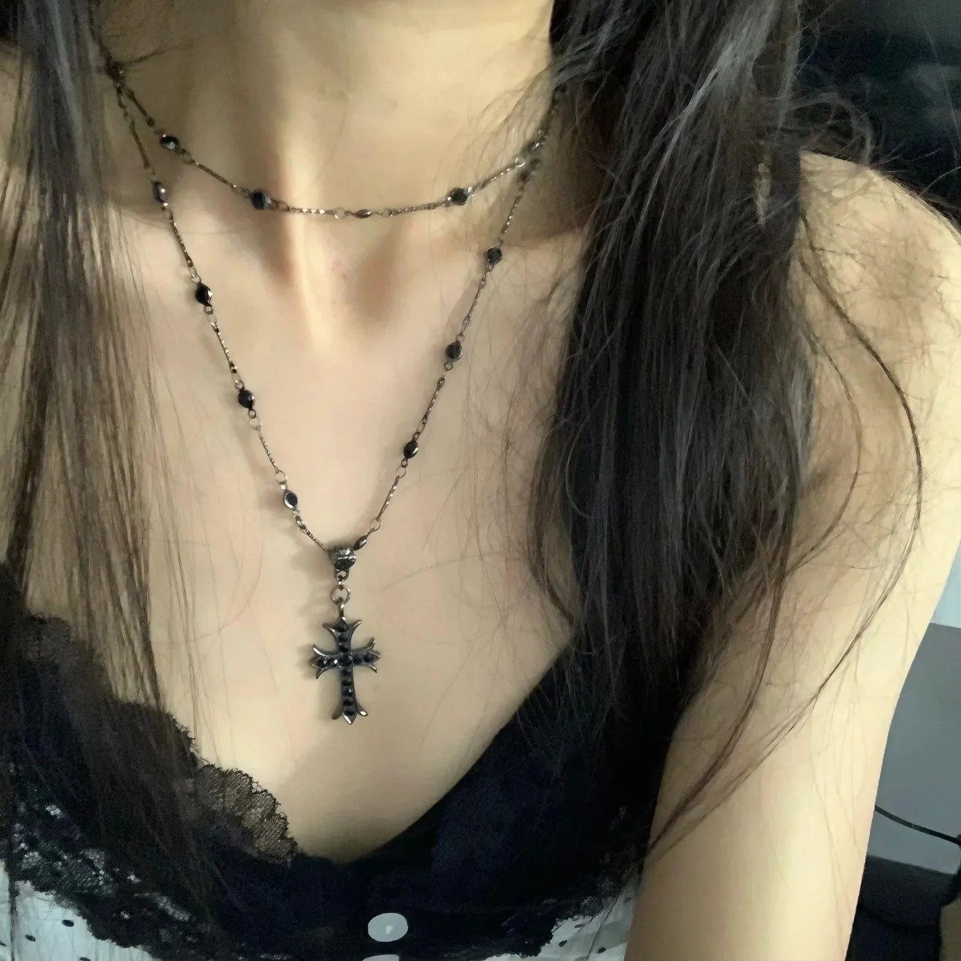 Y2K Black Zircon Cross Beaded Necklace for Women Layered Dark Gothic Style Alternative Culture Jewelry Pendant Necklace