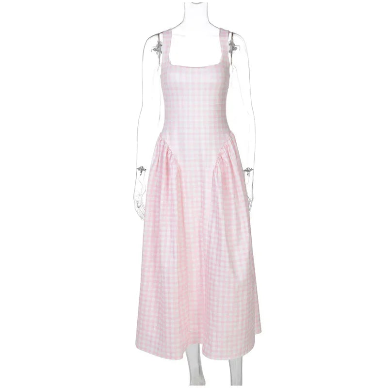 Women Fashion Plaids Pleated High Waist A-line Dress Elegant Sleeveless Backless Slim Long Dresses Summer New Party Streetwear