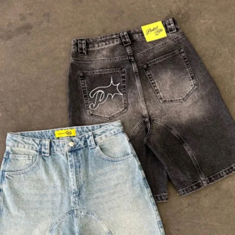 HOUZHOU Y2k Vintage Harajuku Short Jeans Women Washed Embroidery American Retro Man Denim Jorts Baggy Hip Hop Streetwear Summer