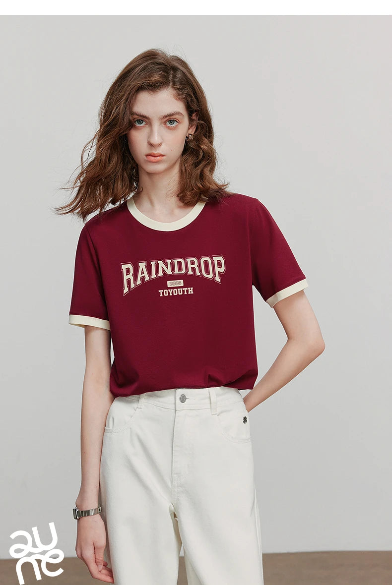 TOYOUTH Women Short Sleeve T shirt 2025 Summer New Color Blocked Letter American Style Antibacterial Cotton Tops GT5210004