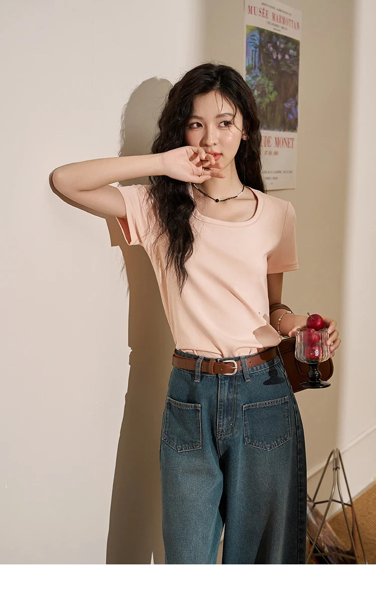 MISHOW Short Sleeve T-shirts Women Spring Solid Square-neck Top Elegant Woman Clothes Office Lady Cotton Tees MXC12T0641