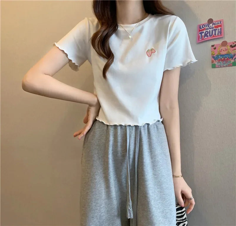 Summer Embroidered Short T-shirt Women Wooden Edge Irregular Slim Short Sleeve Top Plant Pattern Fiber Fabric Elegant Style