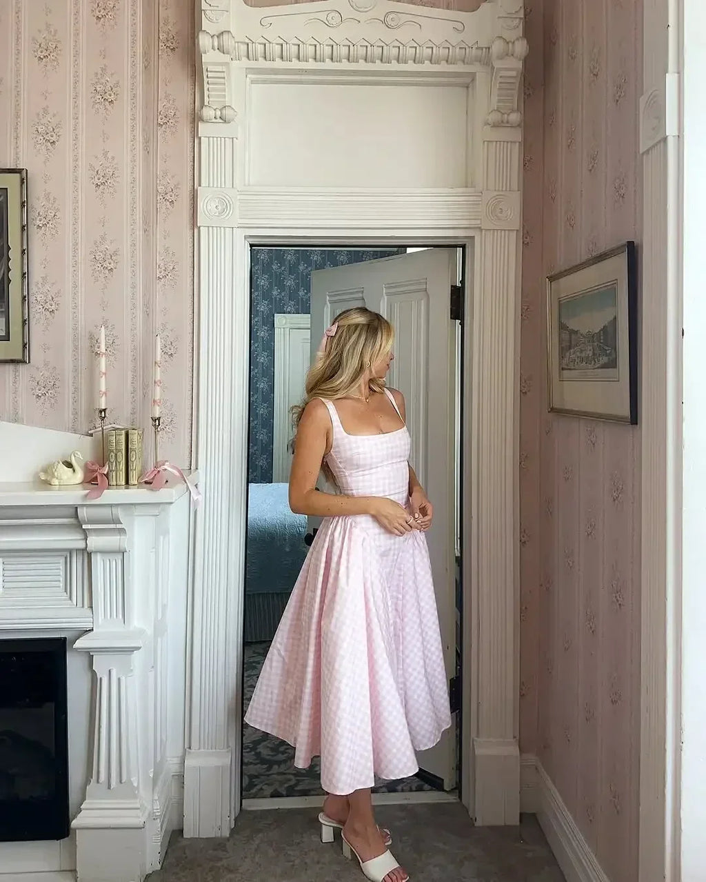 Women Fashion Plaids Pleated High Waist A-line Dress Elegant Sleeveless Backless Slim Long Dresses Summer New Party Streetwear