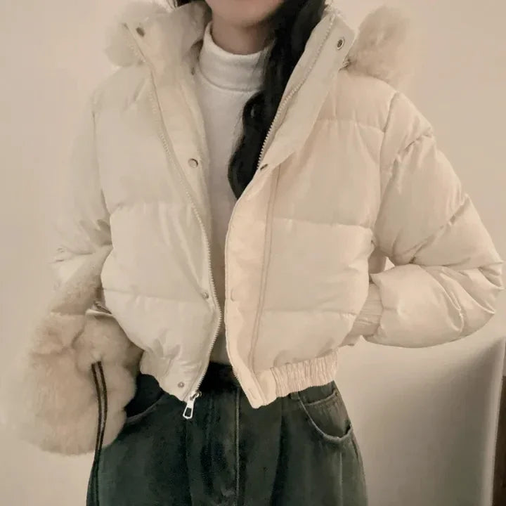 South korea Chic Autumn and Winter Fur Collar Hood Short down Coat Women Fashion Thick Warm Fleece-lined Cotton-padded jacket...