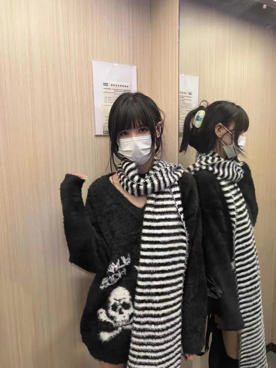 Karrram Gothic Skulls Sweater Grunge Dark Aesthetics Knitted Jumper V-neck Harajuku Loose Mohair Pullover Emo Alt Knitwear Y2k