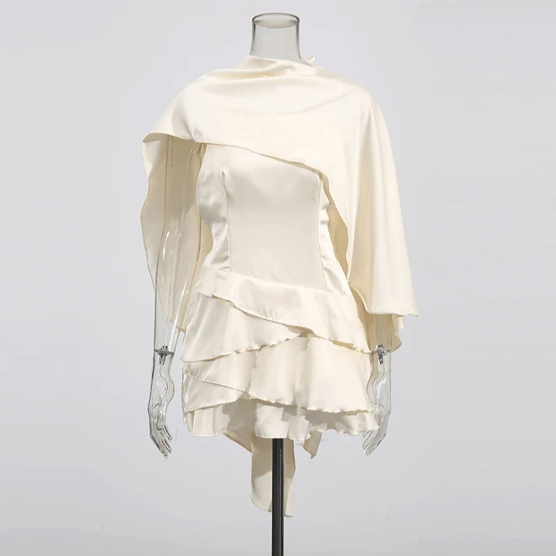 TWOTWINSTYLE Solid Spliced Ruffles Slimming Dresses For Women O Neck Sleeveless High Waist Temperament Mini Dress Female Fashion