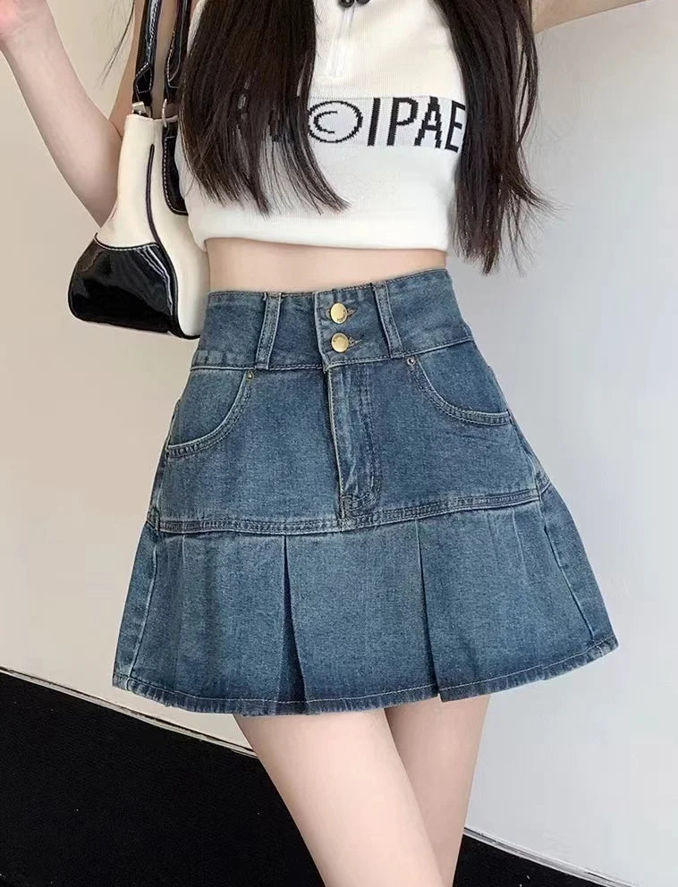 High Waist A-Line Pleated  Skirt Women's Denim ort Skirts Summer Design Slimming Belly Covering Korean Sle Cotton Blend
