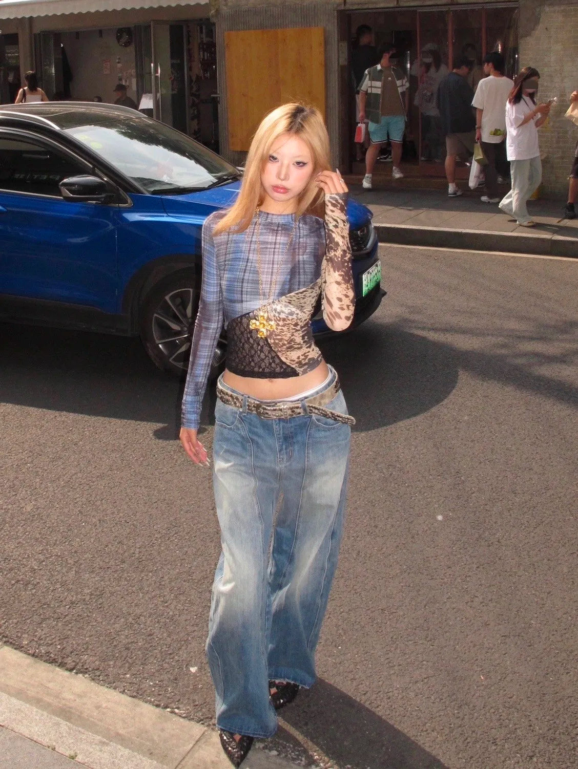 Karrram Japanese Y2k Patchwork Mesh Tops Trashy 2000s Lace Sheer Top Grunge Aesthetics Irregular T-shirt Vintage Harajuku Korean