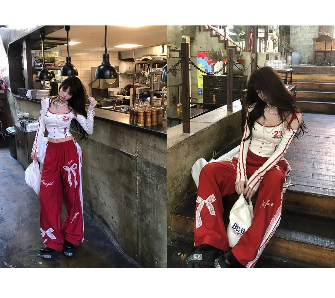 Dophee Original Spice Girls Elastic Waist All-match Loose Straight Wide Leg Pants Cute Bow Printed Splicing Lace Casual Trousers