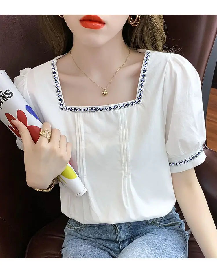 Women Clothing Summer Korean Fashion Embroidered Solid Color Square Collar Puff Sleeve Femme All-match Pleated Short Sleeve Tops