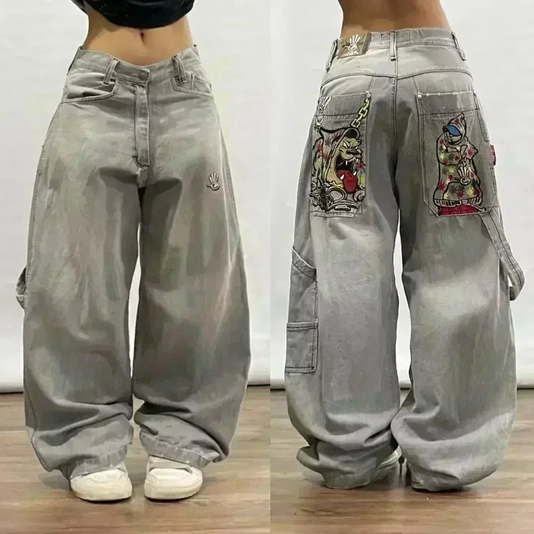 American Street Trend Letter Embroidered Loose Jeans Men Harajuku Y2K New Hip Hop Oversized Wide-leg Pants Unisex Mopping Jeans