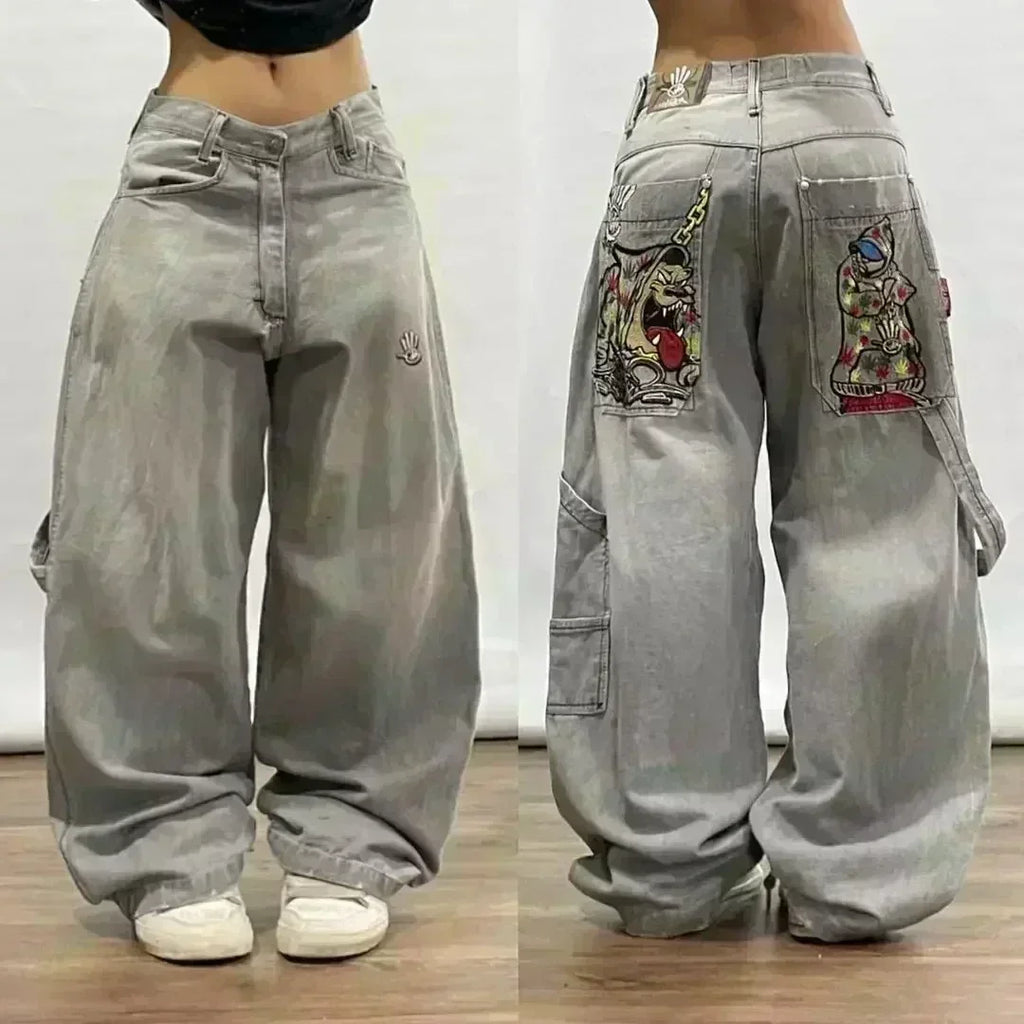 American Street Trend Letter Embroidered Loose Jeans Men Harajuku Y2K New Hip Hop Oversized Wide-leg Pants Unisex Mopping Jeans